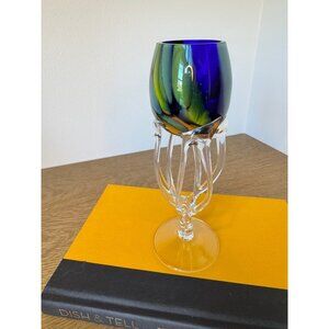 Art Glass Goblet with Blue Green Swirl and Sculptural Clear Stem